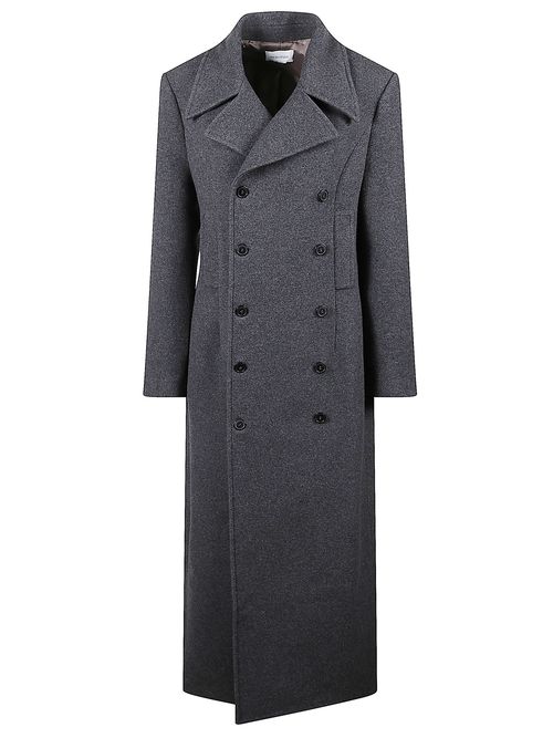 Long Double-Breasted Coat With Classic Lapels In Grey Wool