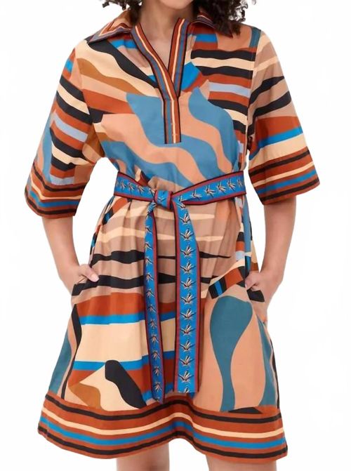 Striped Geometric Print Short Dress In Neutral Tones