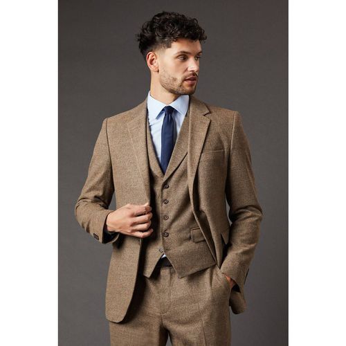 Burton Men's Light Brown Tweed Look Tailored Fit Suit Jacket in Neutra