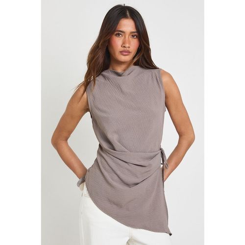 Boohoo Womens Hammered High Cowl Tie Side Drape Blouse - Dark Brown