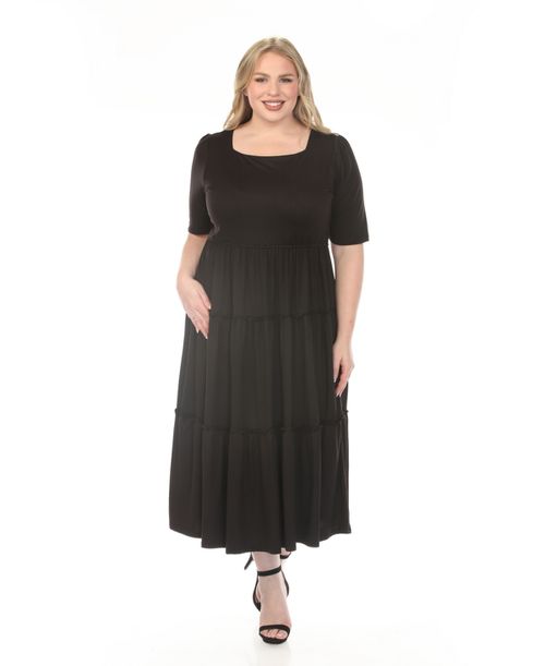 Plus Size Square Neck Short Sleeve Tiered Dress - Black