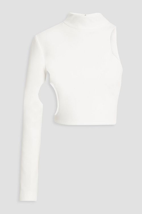 One-shoulder cutout cropped crepe top