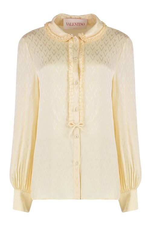 Ruffled Lace-trimmed Polka-dot Silk-chiffon Shirt