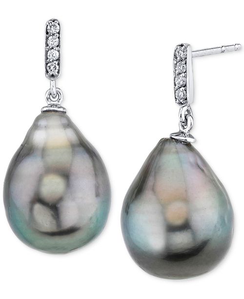 Cultured Tahitian Baroque Pearl (11mm) & Diamond Accent Drop Earrings in White Gold - Black