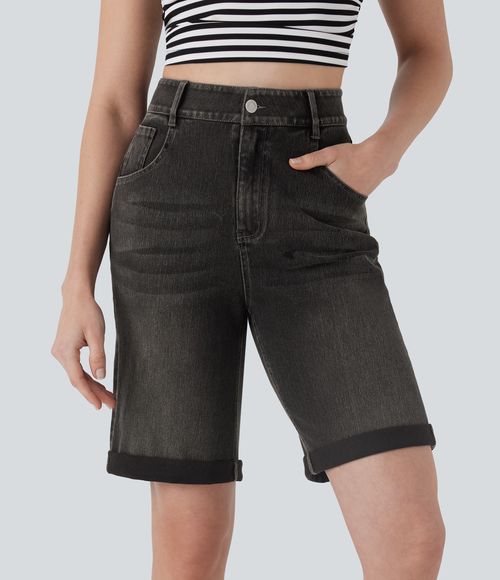 Flex™ High Waisted Pockets Rolled Hem Washed Denim Casual Bermuda Shorts  - Phantom Denim