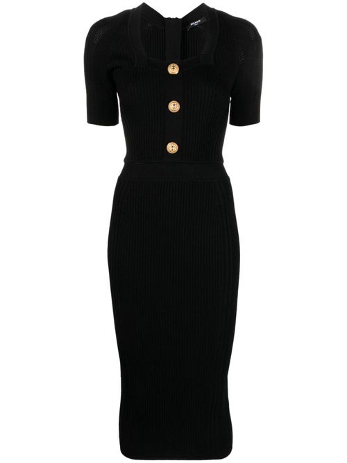 Button-embellished ribbed-knit dress - Black