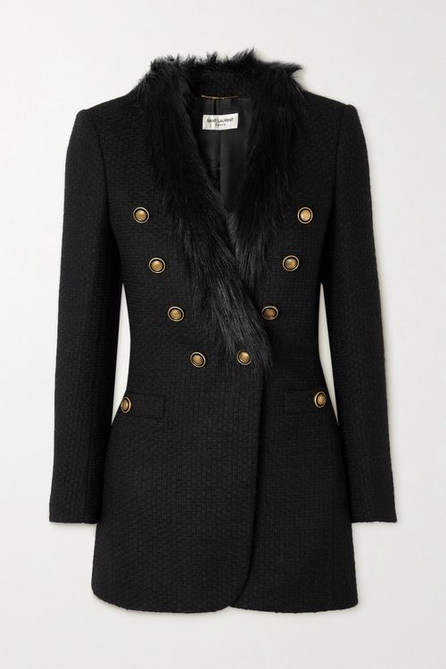 Double-breasted Faux Fur-trimmed Wool-blend Tweed Blazer - Black - FR36