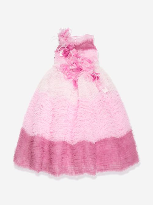 Girls Flower Embellished Degradé Tulle Gown in Pink