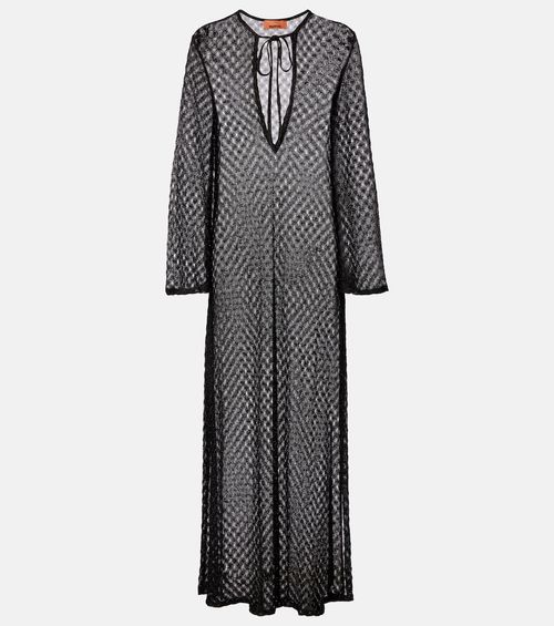 Open-knit tie-neck lamé kaftan
