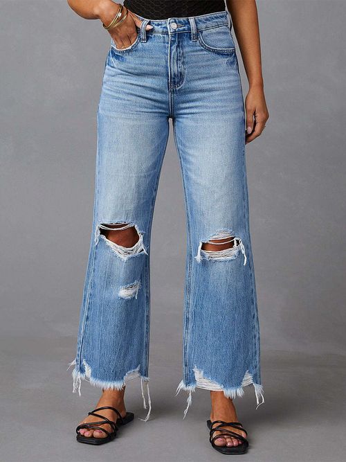 Distressed Wide eg Jeans For Women - ight Blue High Waist Raw Hem Relaxed Fit Denim Pants - Spring Casual Streetwear