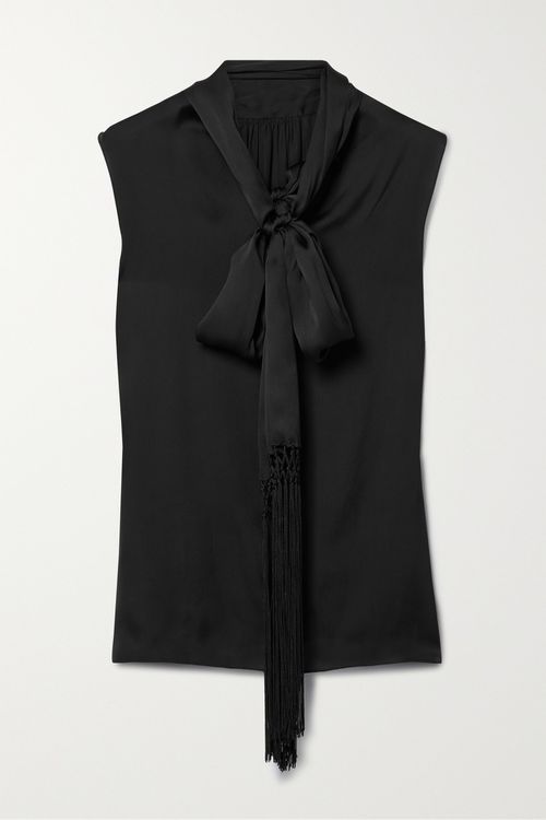 Marina Macramé-trimmed Pussy-bow Silk-charmeuse Blouse - Black