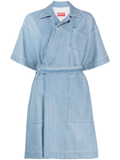 Tied-waist denim wrap dress - Blue