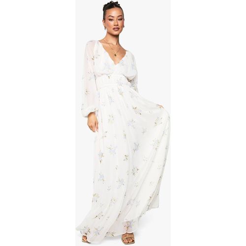Boohoo Women's Tall Chiffon Floral Volume Sleeve Ruched Waist Maxi Dress in Ivory