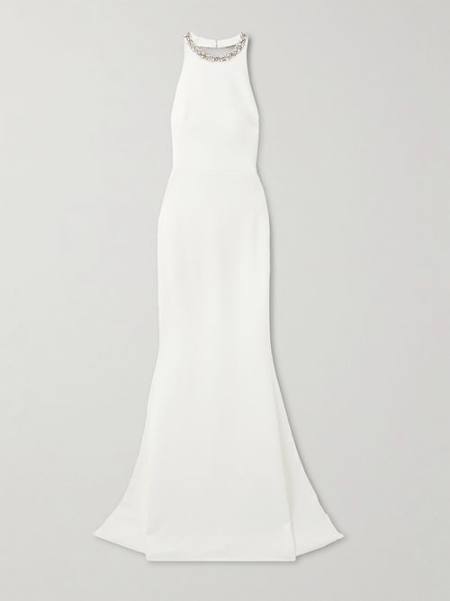 Crystal-embellished Satin-crepe Halterneck Gown - Ivory