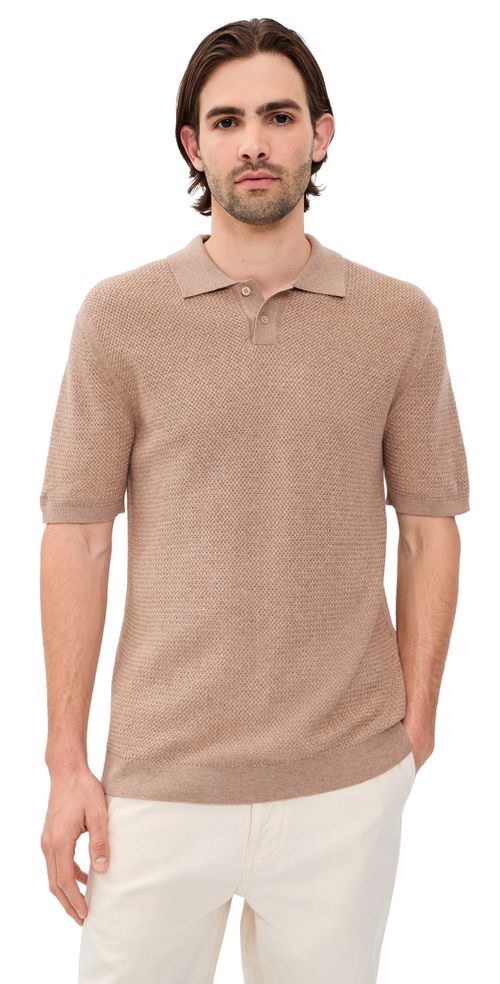 Textured Merino Cotton Short Sleeve Polo Roasted Almond