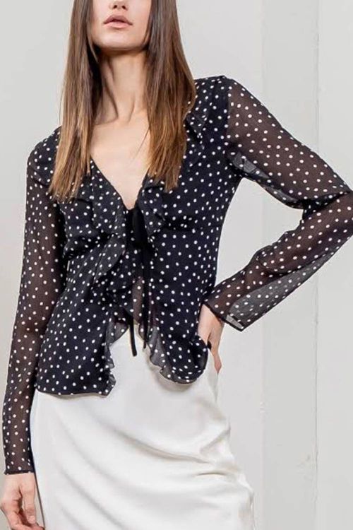 Polka Dot Ruffle Blouse In Black/white