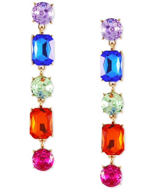Gold-Tone Rainbow Mixed Crystal Linear Drop Earrings - Gold  Rainbow Stone Linear