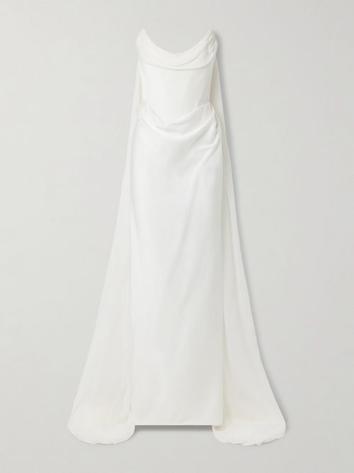 Galaxy Cape-effect Strapless Organic Silk Chiffon-trimmed Satin Gown - Off-white