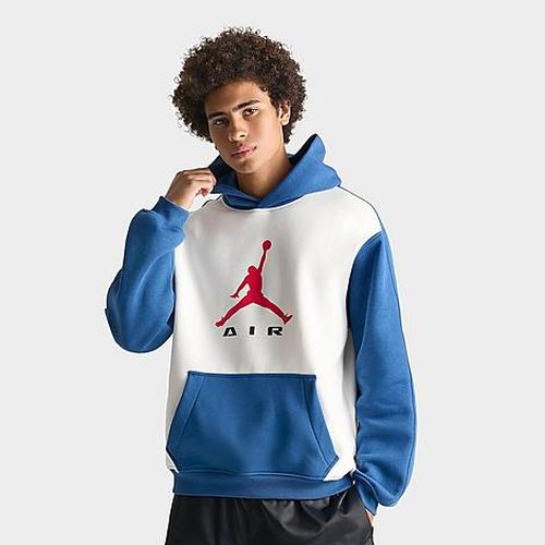 Men's Brooklyn Jumpman Air Fleece Colorblocked Pullover Hoodie in Sail/True Blue/University Red