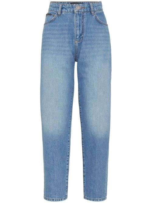 Logo-appliqué high-rise tapered jeans - Blue