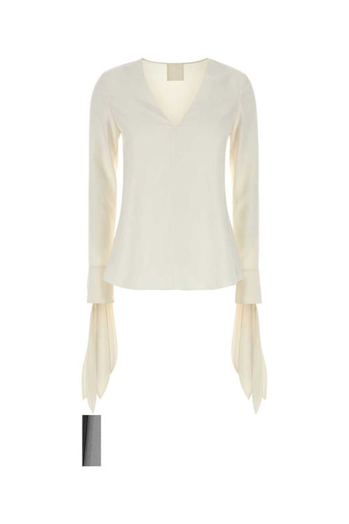 Silk V-Neck with Draped Cuffs Shirt — White
