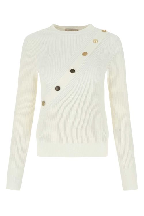 Button-Embellished Ribbed Viscose Sweater — Ivory