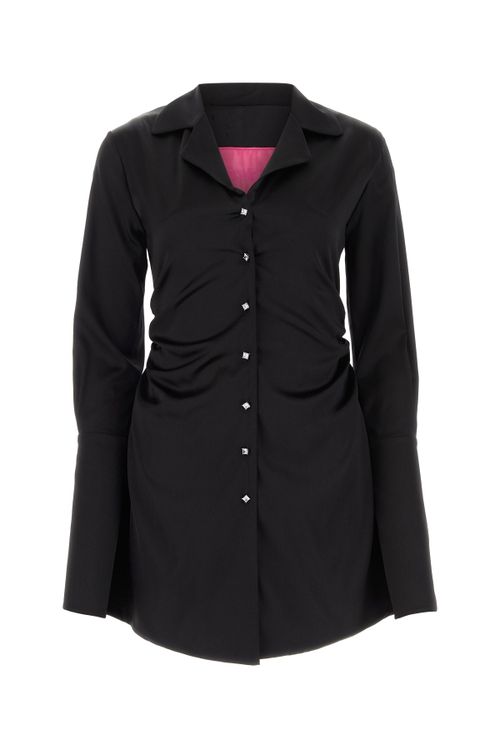 Crystal-Embellished Silk Shirt Dress — Black