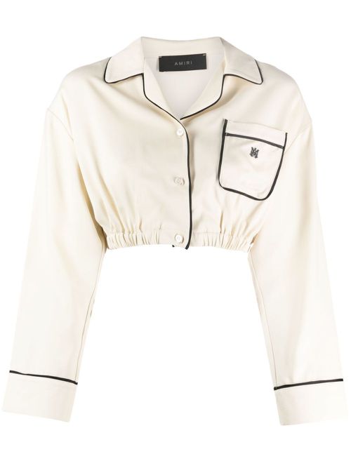 Logo-embroidered satin-finish cropped shirt - Neutrals