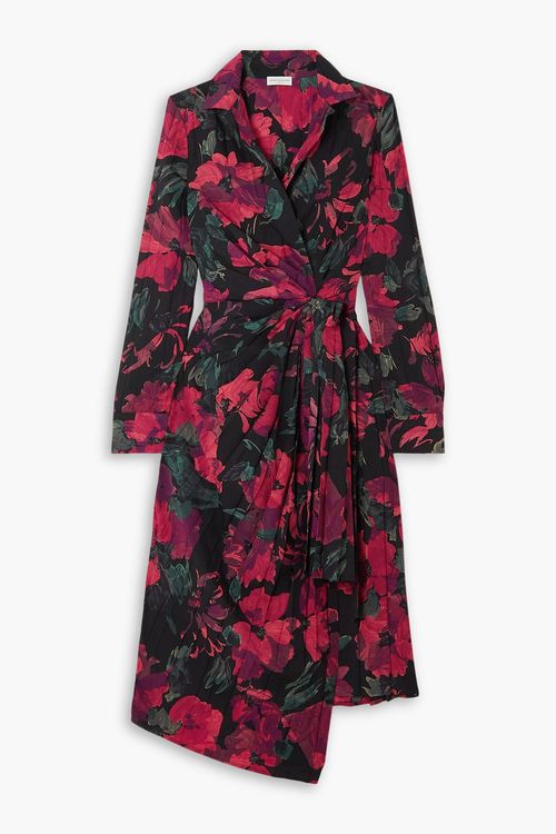 Asymmetric floral-print crepe de chine wrap dress - Black - FR 34