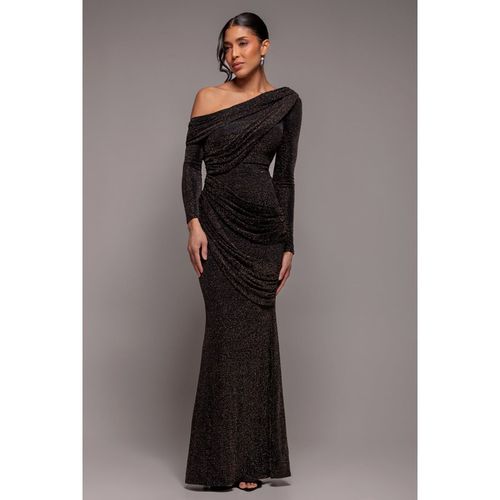 Goddiva Off The Shoulder Gathered Panel Sparkle Lurex Maxi Dress - Black Gold