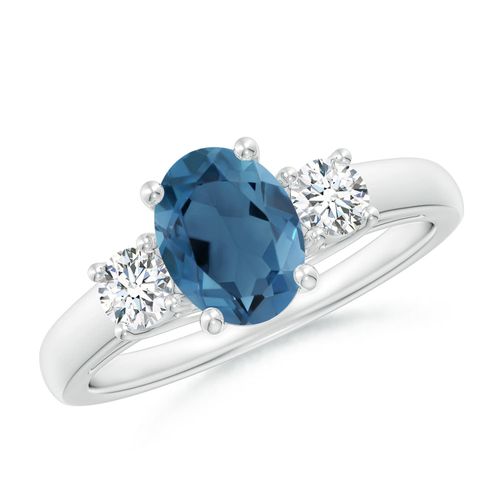 Angara 1.5 Carats Oval London Blue Topaz and Round Diamond Three Stone Ring in Platinum