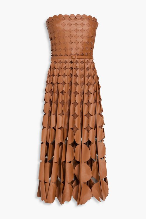 Strapless belted cutout leather midi dress - Brown - US 0