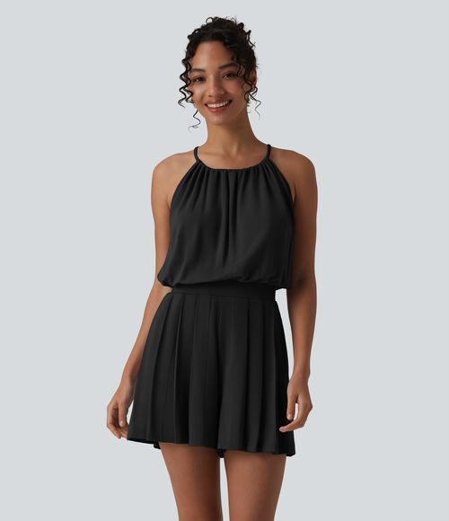 Halter Sleeveless Tie-back Pleated Casual Romper with Pockets-Easy Peezy  - Black