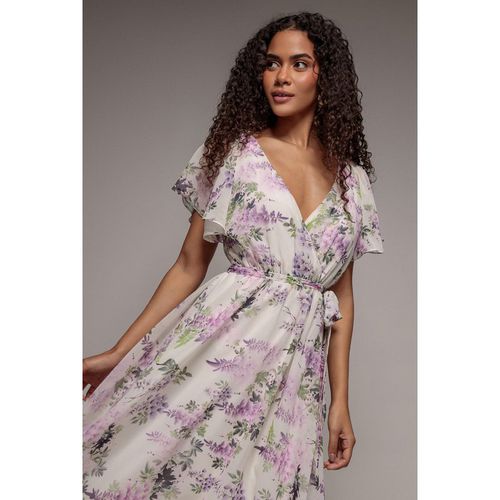 Goddiva Floral Printed Flutter Sleeve Chiffon Midi Dress - Crea