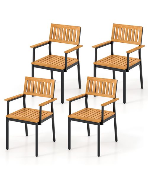 Dining Chair Set of 4 w/Acacia Wood Backrest Slanted Seat Comfortable Armrests - Natural+black