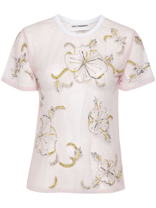 Hibiscus-embroidered semi-sheer T-shirt - Pink