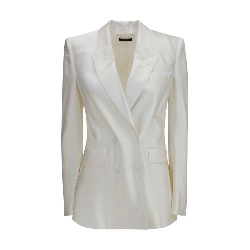 Polka-Dot Satin Double-Breasted Blazer — Beige