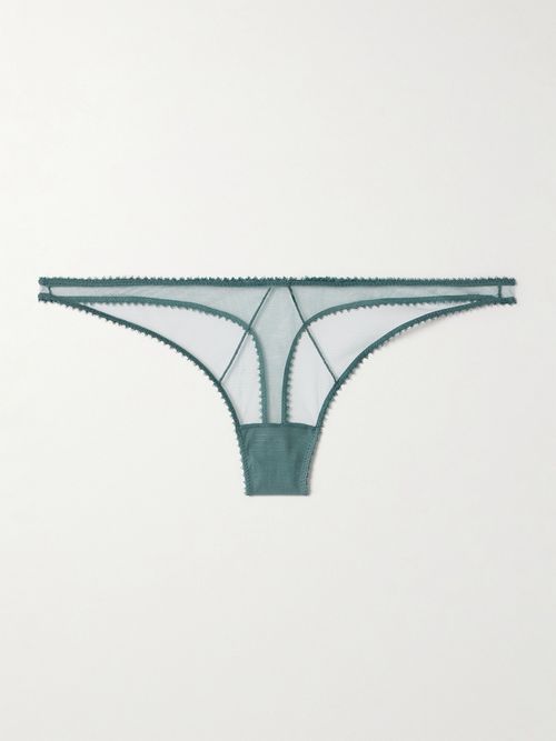 Perle Embroidered Mesh Thong - Green