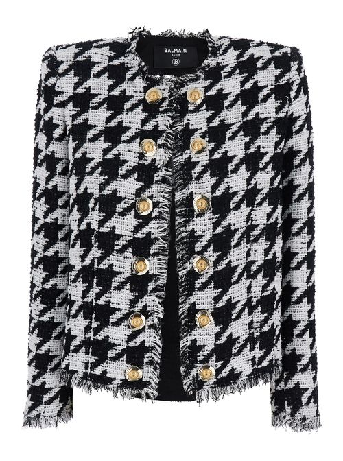 Spencer Black And White Jacket With All-over Check Motif And Fringed Hem In Cotton Blend Woman