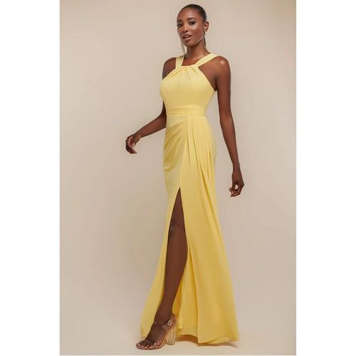 Goddiva Halterneck Thigh Split Chiffon Maxi Dress - Lemon