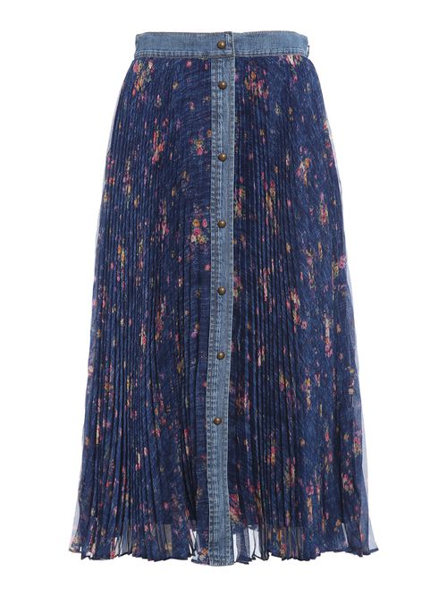 Denim trim pleated skirt