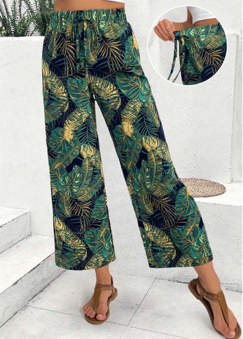 Modlily Turquoise Plants Print Wide Leg Elastic Waist Pant