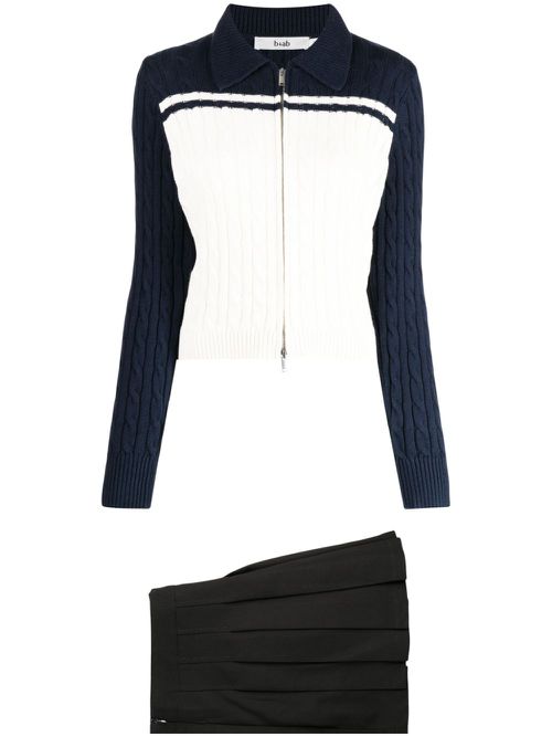 Cable-knit pleated skirt set - White