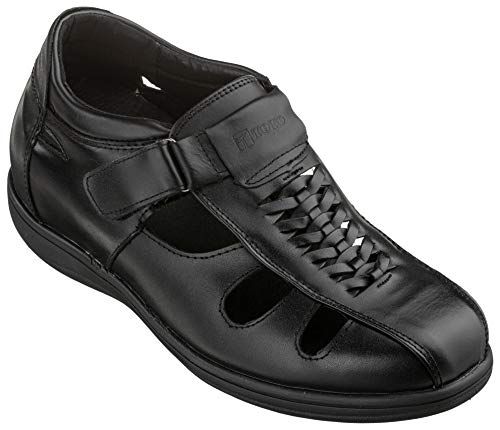 TOTO Men's Invisible Height Increasing Elevator Shoes - Black Leather Slip-on Super Lightweight Open-toe Sandals - 3.2 Inches Taller - G1307