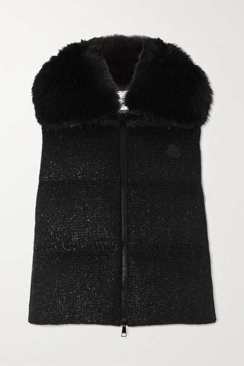 Carrelet Faux Fur-trimmed Quilted Metallic Wool-blend Tweed Down Vest - Black