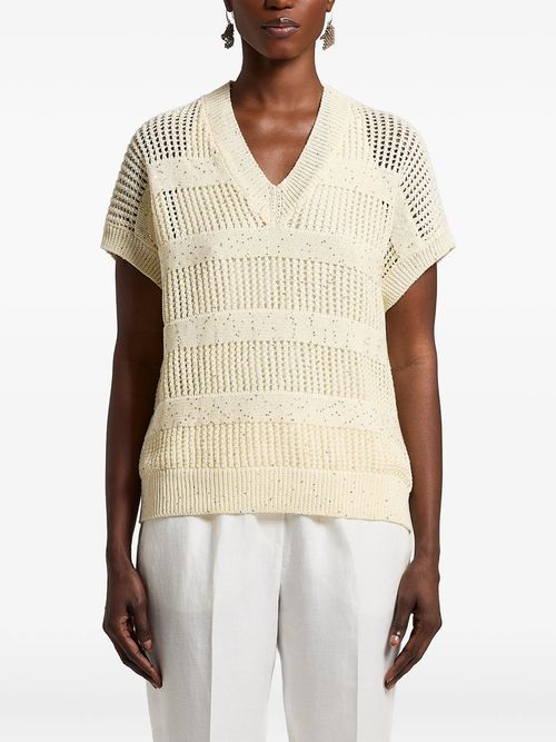 Open-Knit V-Neck Sweater — Cream