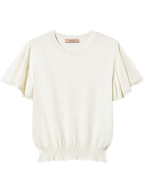 Scalloped-hem knitted T-shirt - 00282_White Snow