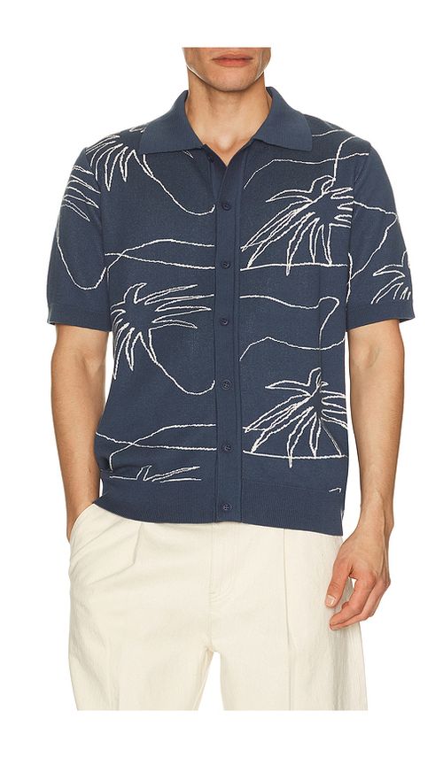 Far Afield Palms Knitted Shirt in Blue. M. Also in L, S, XL/1X