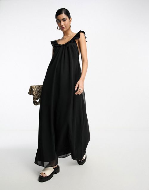 Frill strap slip dress in black