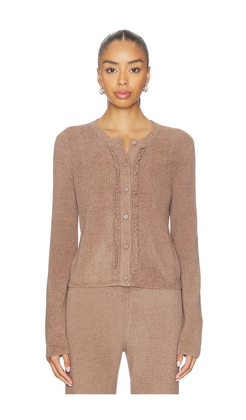 Barefoot Dreams CozyChic Ultra Lite Pointelle Rib Ruffle Front Cardigan in Brown. L. Also in S, XS